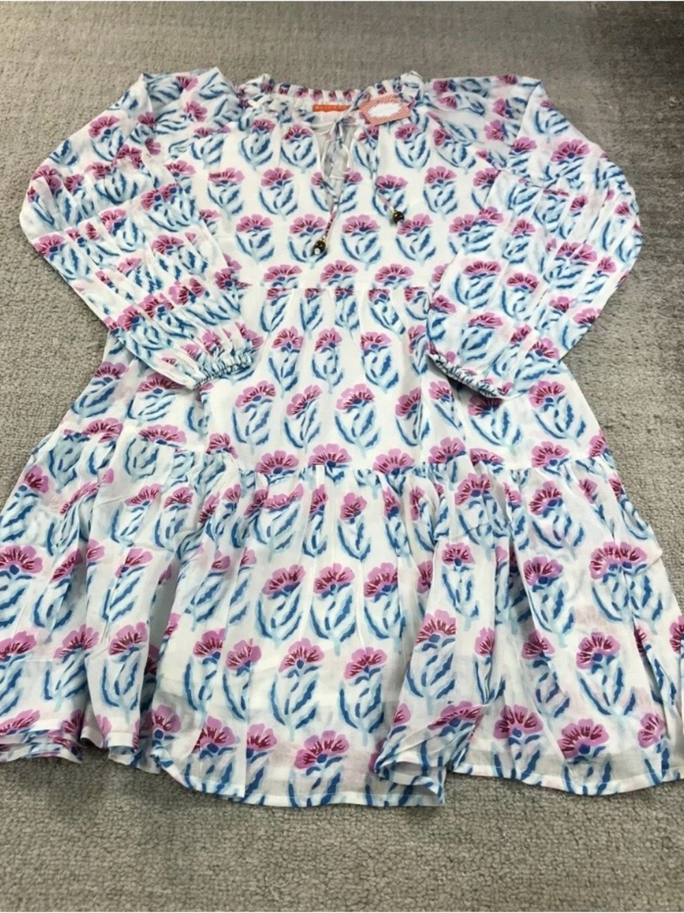 Oliphant White Floral Tiered Tunic with Pink & Blue Print